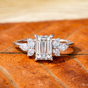 Emerald Cut Lab Grown Diamond Engagement Ring with Marquise Side Stones in 14K Gold Floral Style Bridal Ring Handmade