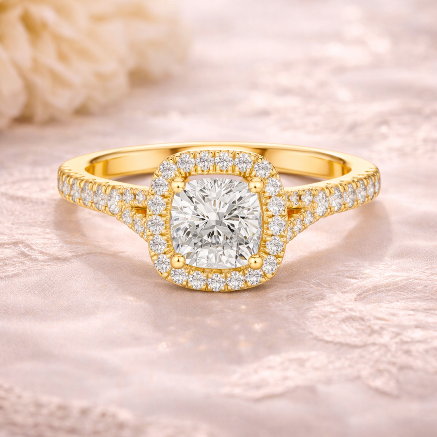 Cushion Cut Lab Grown Diamond Halo Engagement Ring 1.38 CT IGI Certified | 14K / 18K Solid Gold Liana Jewels