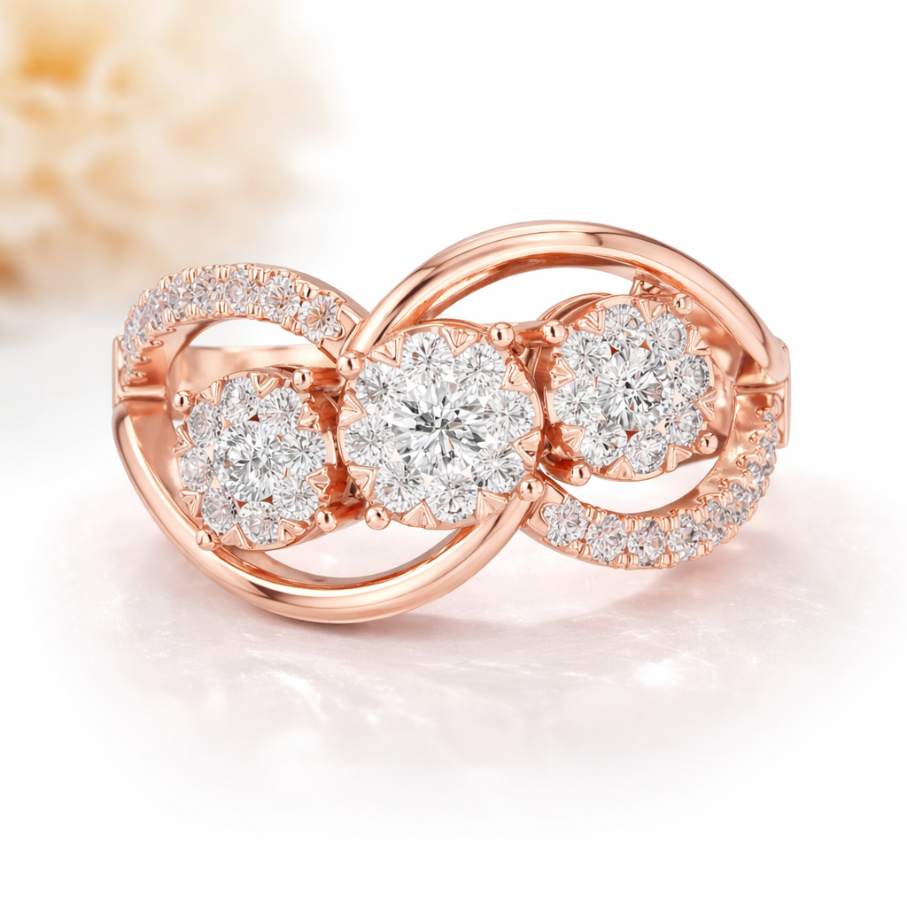 0.58 CT | IGI Certified Round Lab Grown Diamond Engagement Crossover Ring with Triple Clusters Liana Jewels