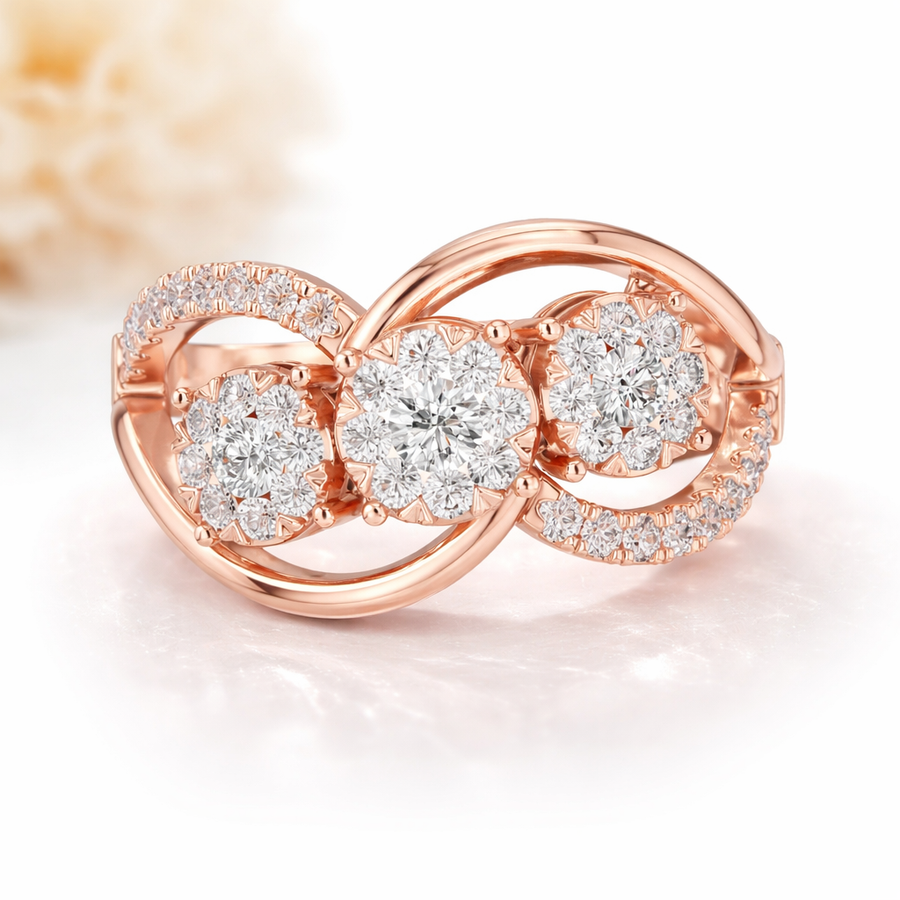 0.58 CT | IGI Certified Round Lab Grown Diamond Engagement Crossover Ring with Triple Clusters Liana Jewels