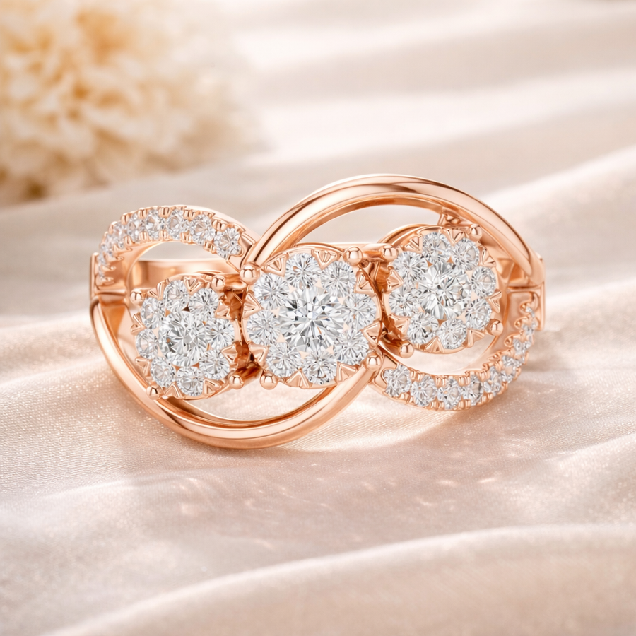 0.58 CT | IGI Certified Round Lab Grown Diamond Engagement Crossover Ring with Triple Clusters Liana Jewels