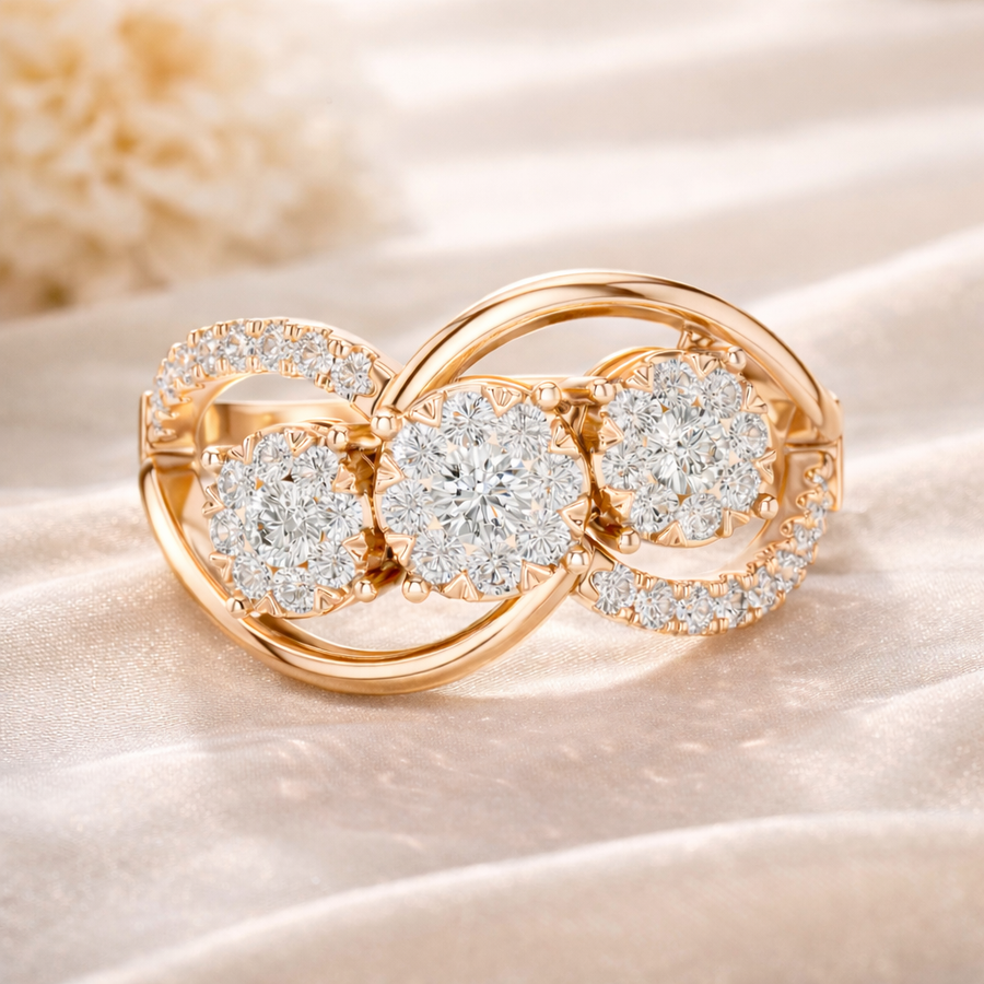 0.58 CT | IGI Certified Round Lab Grown Diamond Engagement Crossover Ring with Triple Clusters Liana Jewels