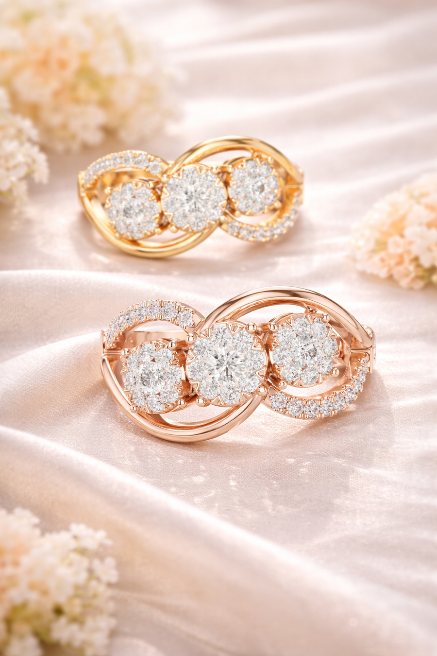 0.58 CT | IGI Certified Round Lab Grown Diamond Engagement Crossover Ring with Triple Clusters Liana Jewels