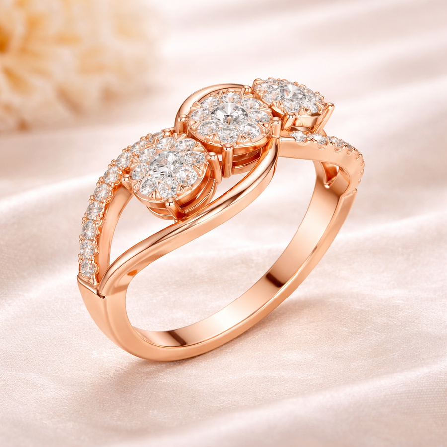 0.58 CT | IGI Certified Round Lab Grown Diamond Engagement Crossover Ring with Triple Clusters Liana Jewels