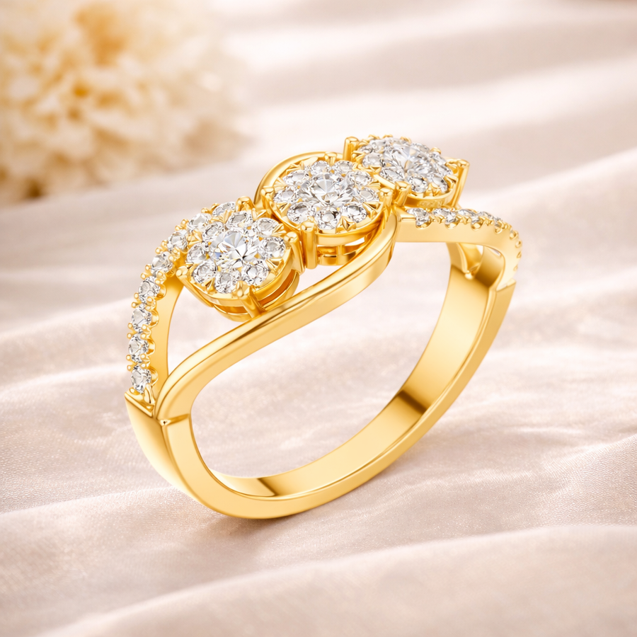 0.58 CT | IGI Certified Round Lab Grown Diamond Engagement Crossover Ring with Triple Clusters Liana Jewels