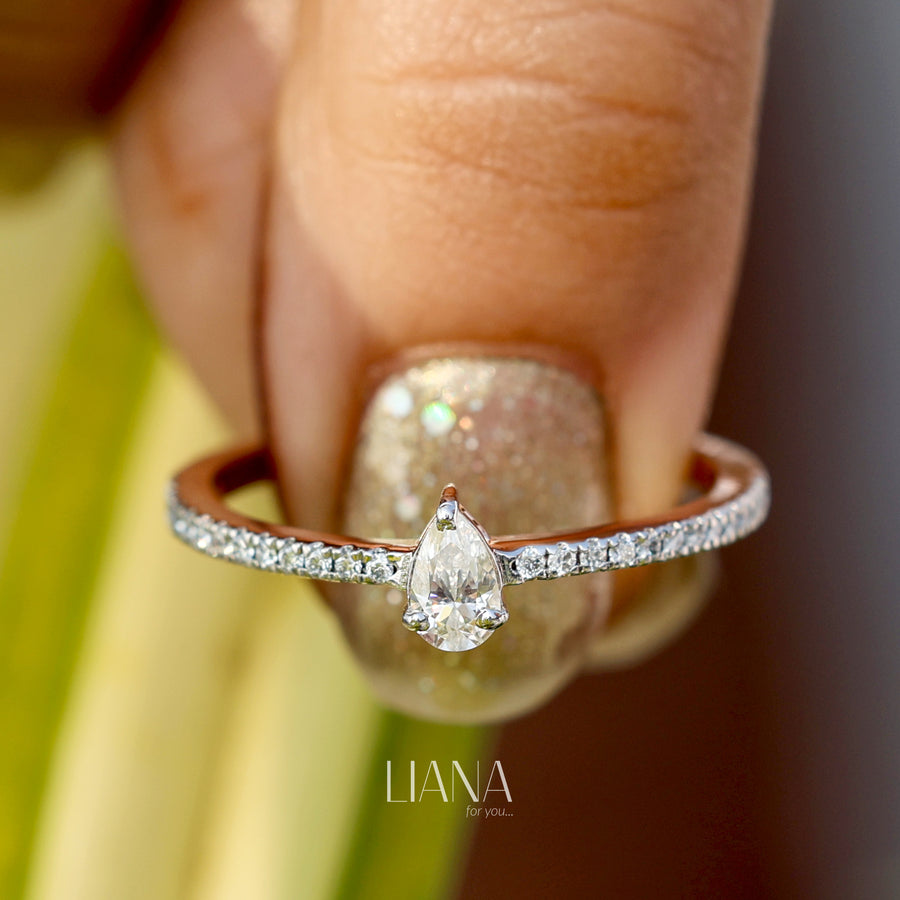 IGI Certified Pear Cut Lab Grown Diamond Engagement & Anniversary Ring in Solid Rose Gold Pavé Band Solitaire  Handmade Luxury Proposal Ring