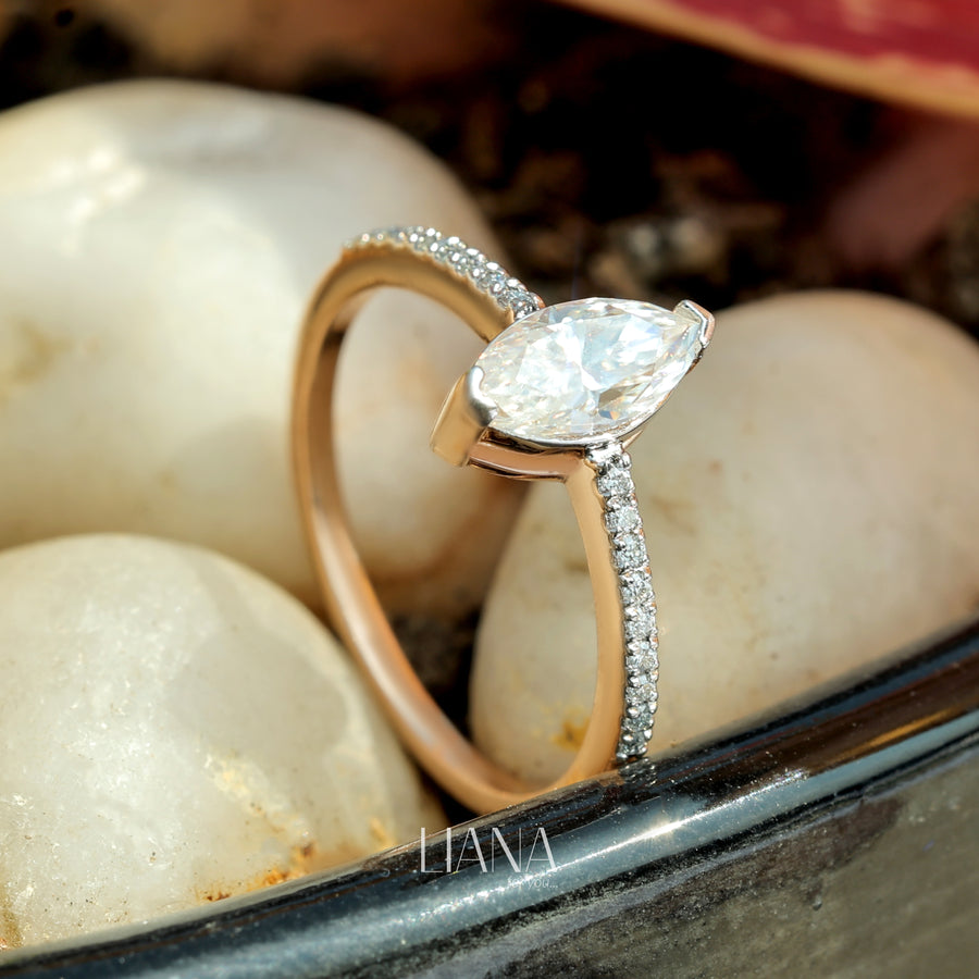 Marquise Cut Lab Grown Diamond Engagement Ring with Pavé Band in 14K Gold Elegant Bridal Promise Ring