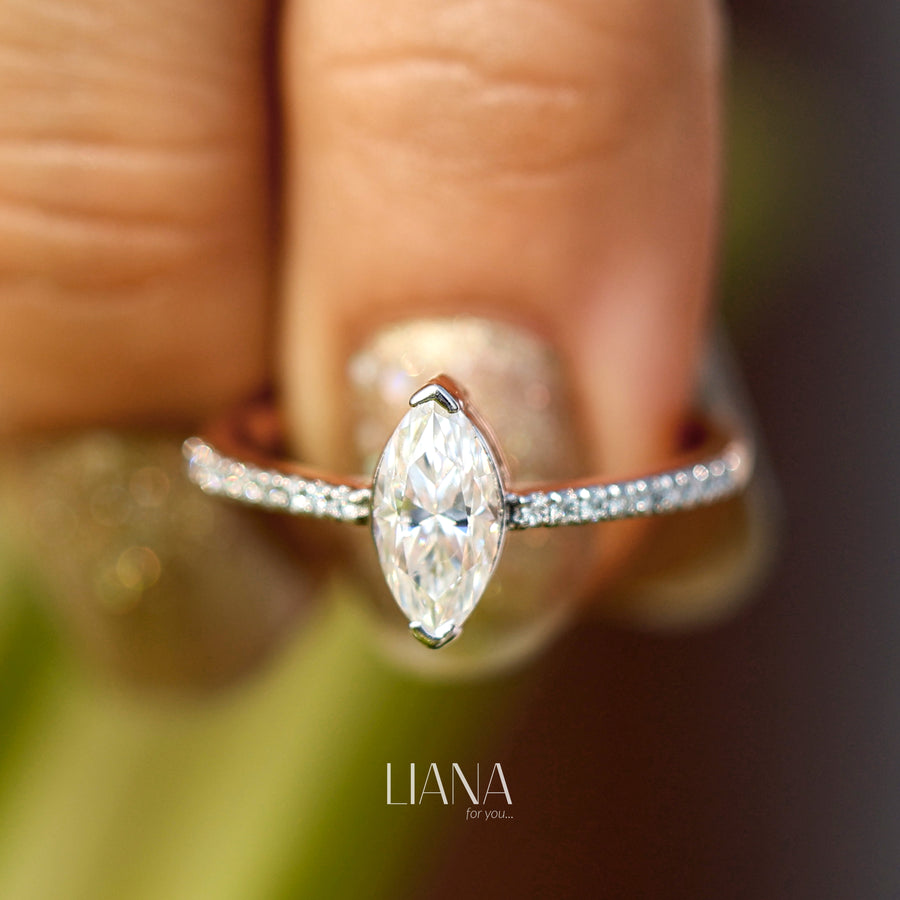 Marquise Cut Lab Grown Diamond Engagement Ring with Pavé Band in 14K Gold Elegant Bridal Promise Ring