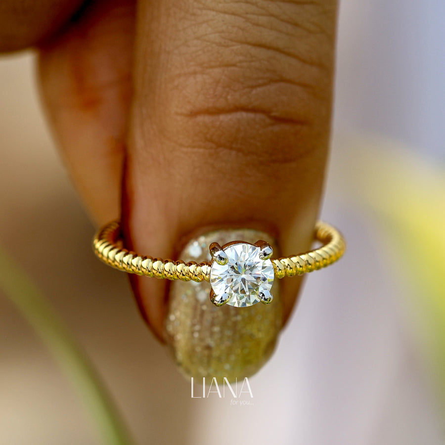 Round Lab Grown Diamond Solitaire Engagement Ring in Solid Gold  Minimalist Rope Band Bridal Ring Ethical Fine Jewelry