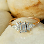Emerald Cut Lab Grown Diamond Engagement Ring with Marquise Side Stones in 14K Gold Floral Style Bridal Ring Handmade