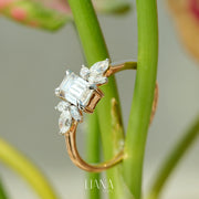 Emerald Cut Lab Grown Diamond Engagement Ring with Marquise Side Stones in 14K Gold Floral Style Bridal Ring Handmade