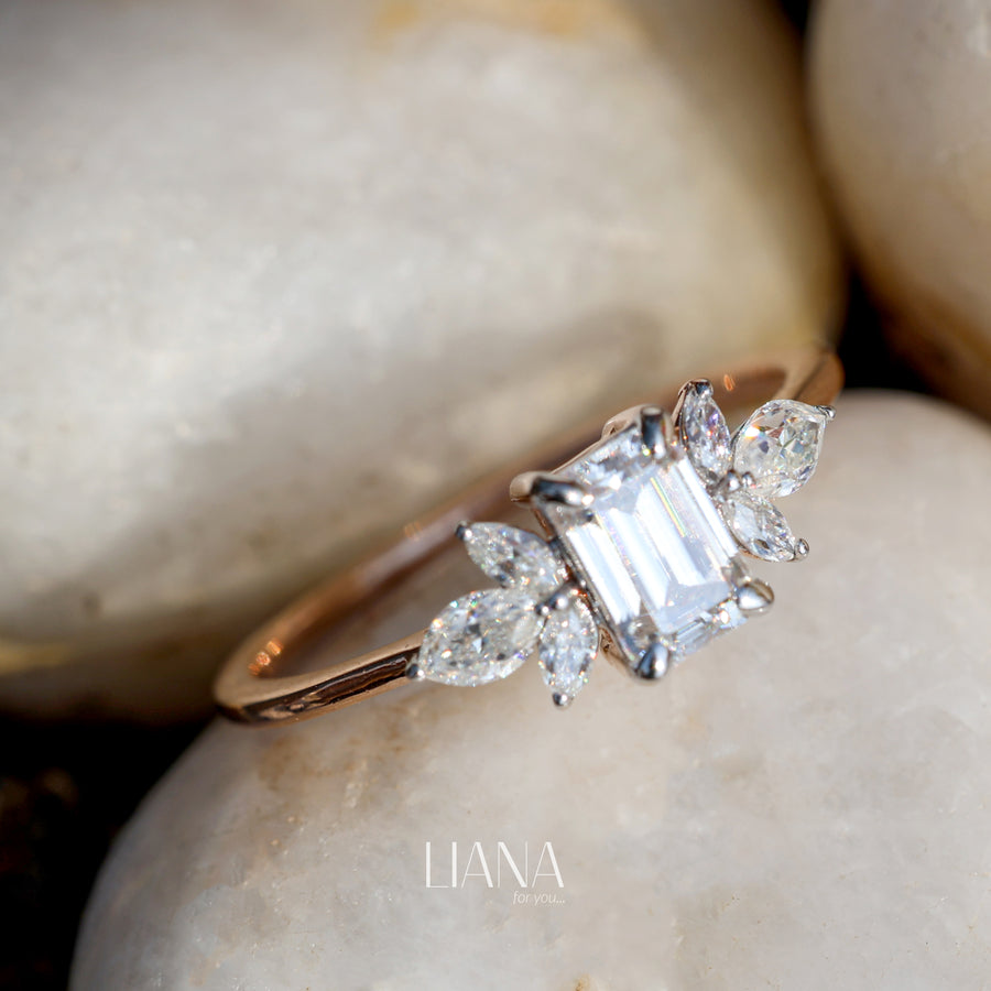 Emerald Cut Lab Grown Diamond Engagement Ring with Marquise Side Stones in 14K Gold Floral Style Bridal Ring Handmade