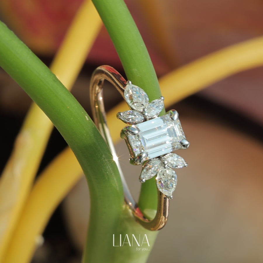 Emerald Cut Lab Grown Diamond Engagement Ring with Marquise Side Stones in 14K Gold Floral Style Bridal Ring Handmade