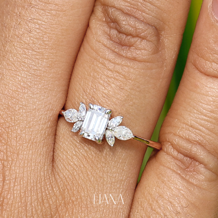 Emerald Cut Lab Grown Diamond Engagement Ring with Marquise Side Stones in 14K Gold Floral Style Bridal Ring Handmade