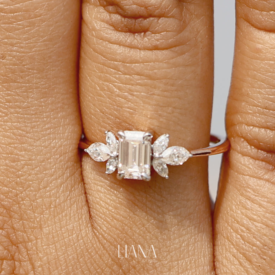 Emerald Cut Lab Grown Diamond Engagement Ring with Marquise Side Stones in 14K Gold Floral Style Bridal Ring Handmade
