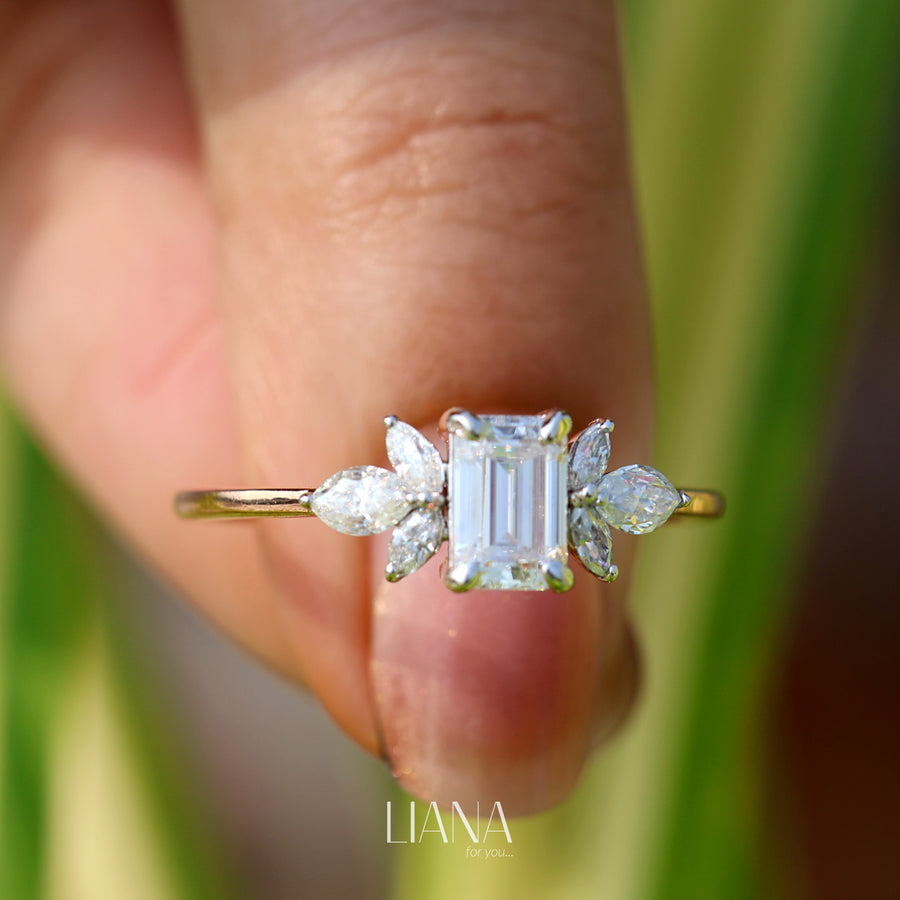 Emerald Cut Lab Grown Diamond Engagement Ring with Marquise Side Stones in 14K Gold Floral Style Bridal Ring Handmade