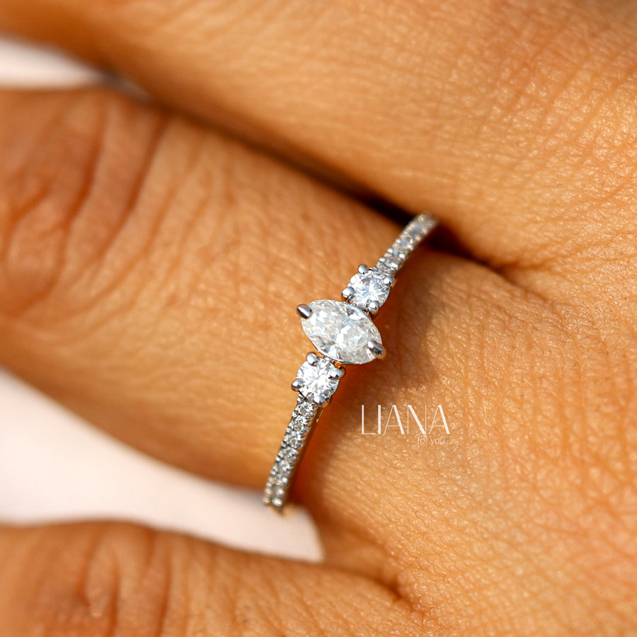 Oval Cut Lab Grown Diamond Engagement Ring  Classic Round Side Stones  Solid Gold Handmade Ring