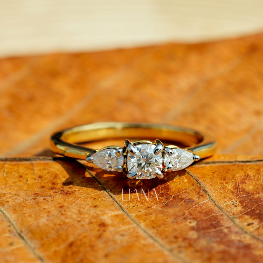 Cushion Diamond Engagement Ring Trilogy Diamond Ring for Her Side Pear Diamond Ring Real Lab Grown Diamond Ring Hammer Finish