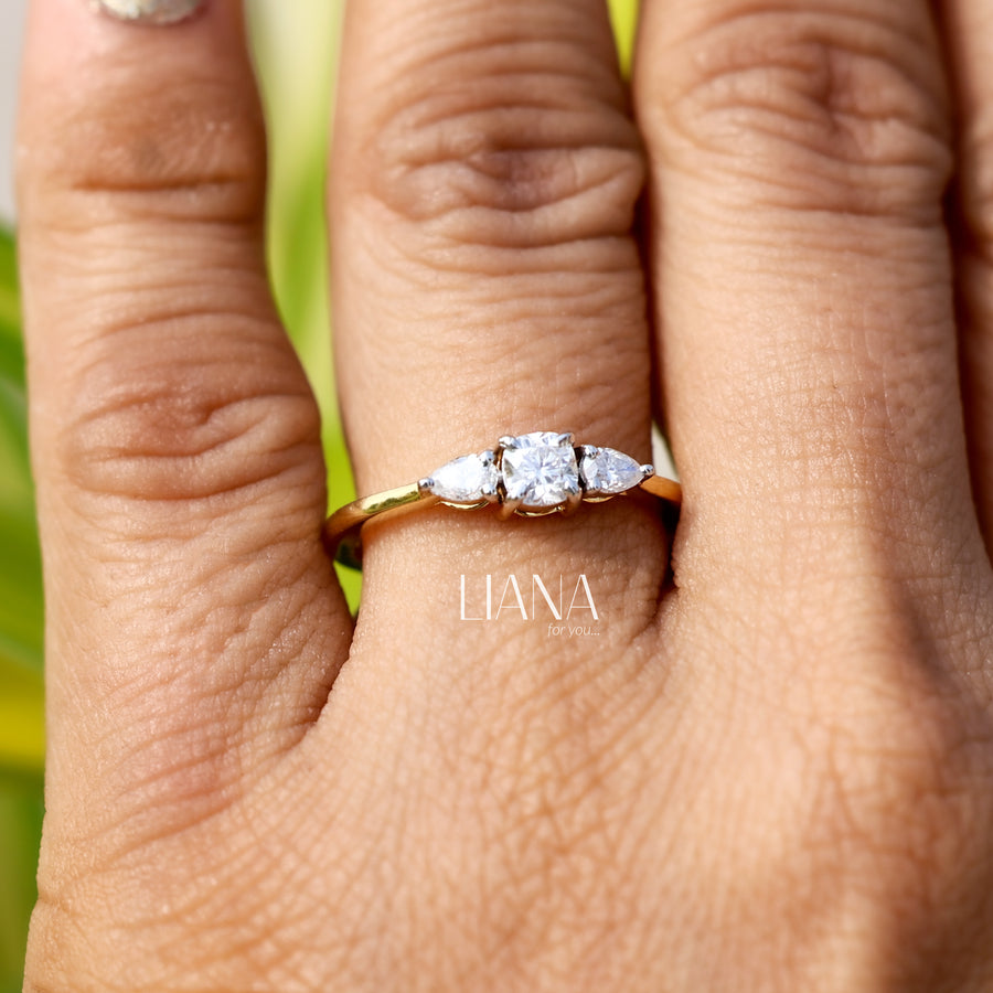 Cushion Diamond Engagement Ring Trilogy Diamond Ring for Her Side Pear Diamond Ring Real Lab Grown Diamond Ring Hammer Finish