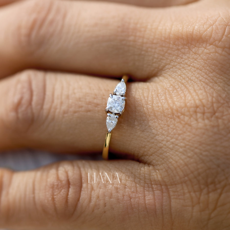 Cushion Diamond Engagement Ring Trilogy Diamond Ring for Her Side Pear Diamond Ring Real Lab Grown Diamond Ring Hammer Finish