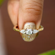 Cushion Diamond Engagement Ring Trilogy Diamond Ring for Her Side Pear Diamond Ring Real Lab Grown Diamond Ring Hammer Finish