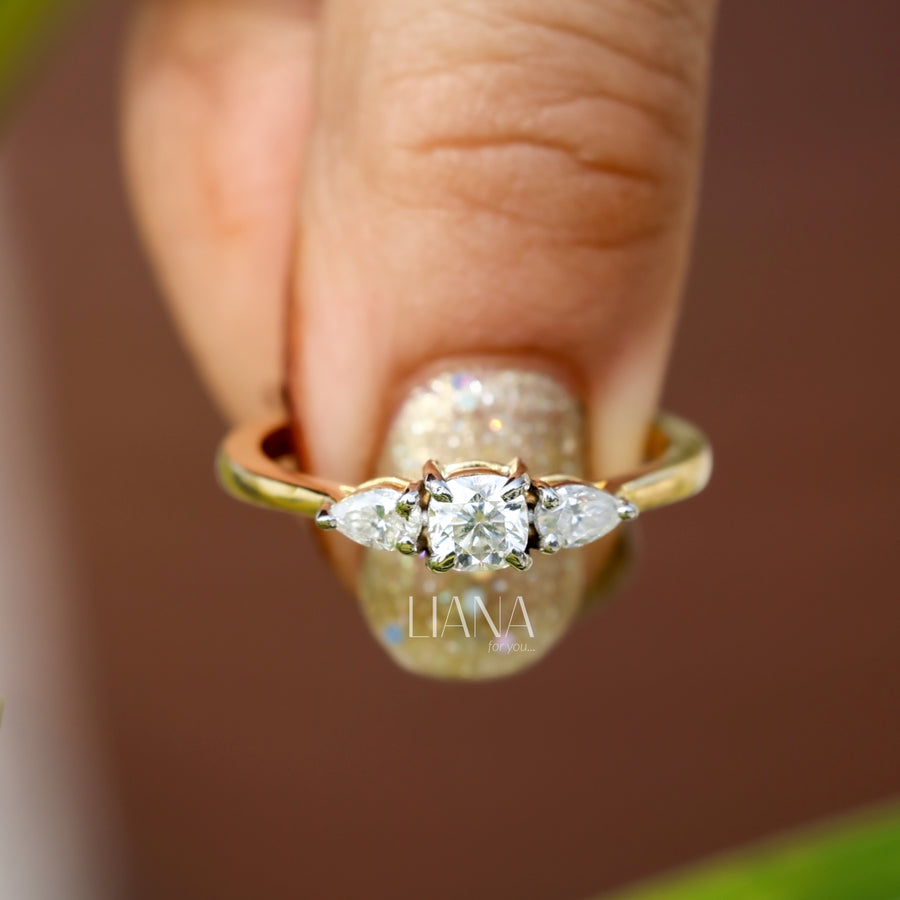 Cushion Diamond Engagement Ring Trilogy Diamond Ring for Her Side Pear Diamond Ring Real Lab Grown Diamond Ring Hammer Finish