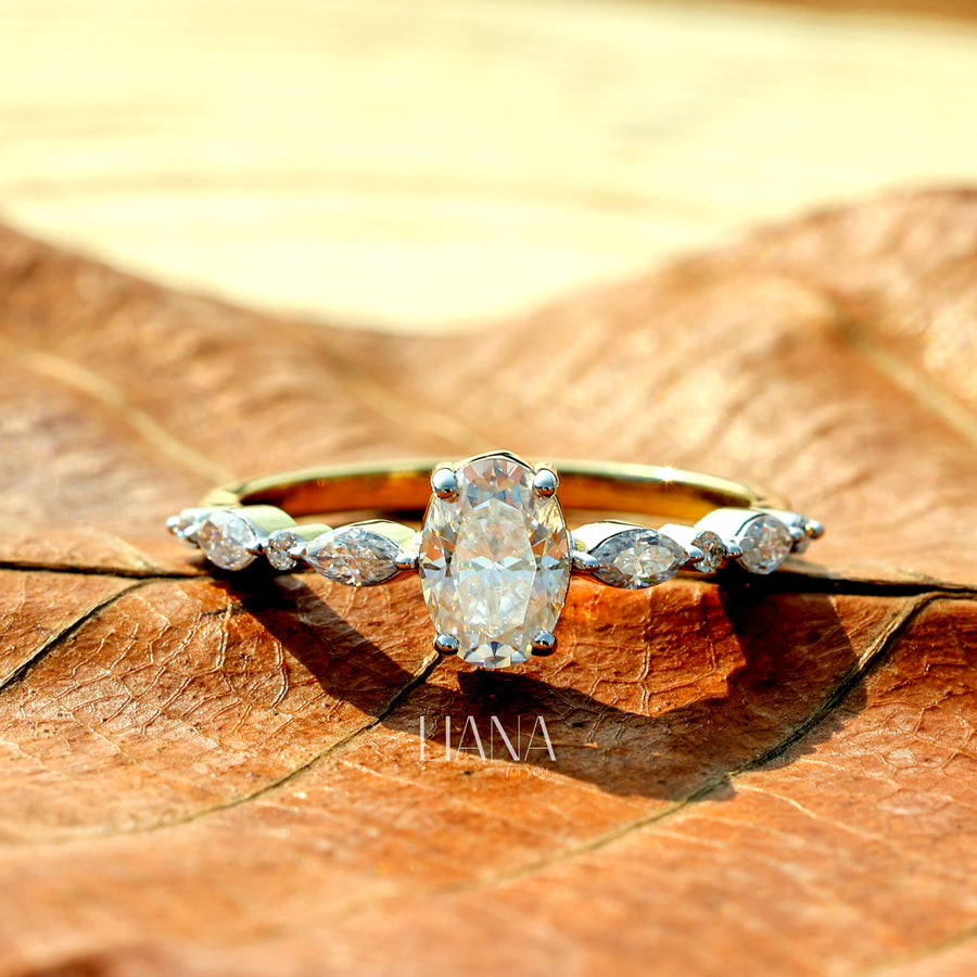 Oval cut lab grown diamond engagement ring Solid yellow gold ring Half eternity marquise cut diamond bridal ring Wedding promise Anniversary gift