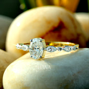 Oval cut lab grown diamond engagement ring Solid yellow gold ring Half eternity marquise cut diamond bridal ring Wedding promise Anniversary gift
