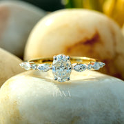 Oval cut lab grown diamond engagement ring Solid yellow gold ring Half eternity marquise cut diamond bridal ring Wedding promise Anniversary gift