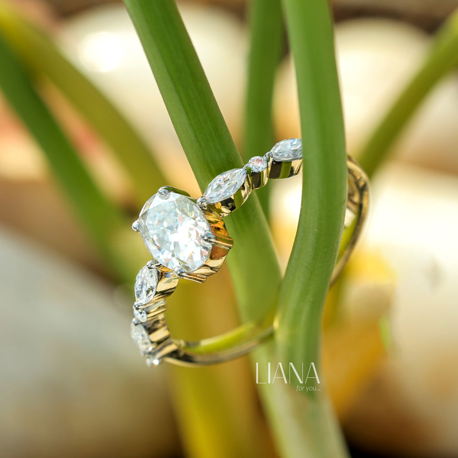 Oval cut lab grown diamond engagement ring Solid yellow gold ring Half eternity marquise cut diamond bridal ring Wedding promise Anniversary gift
