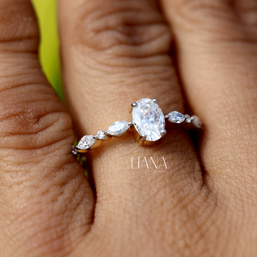 Oval cut lab grown diamond engagement ring Solid yellow gold ring Half eternity marquise cut diamond bridal ring Wedding promise Anniversary gift