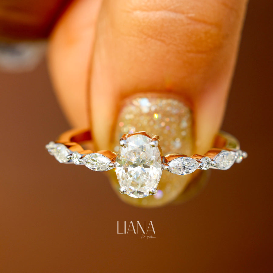 Oval cut lab grown diamond engagement ring Solid yellow gold ring Half eternity marquise cut diamond bridal ring Wedding promise Anniversary gift