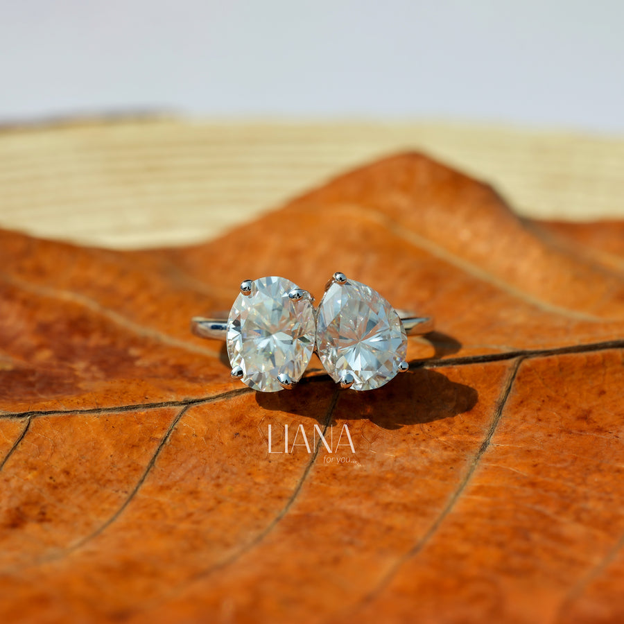 Toi et Moi Lab Grown Diamond Engagement Ring  3.75 CTW Oval & Pear Cut Two Stone Ring  Solid Gold Handmade