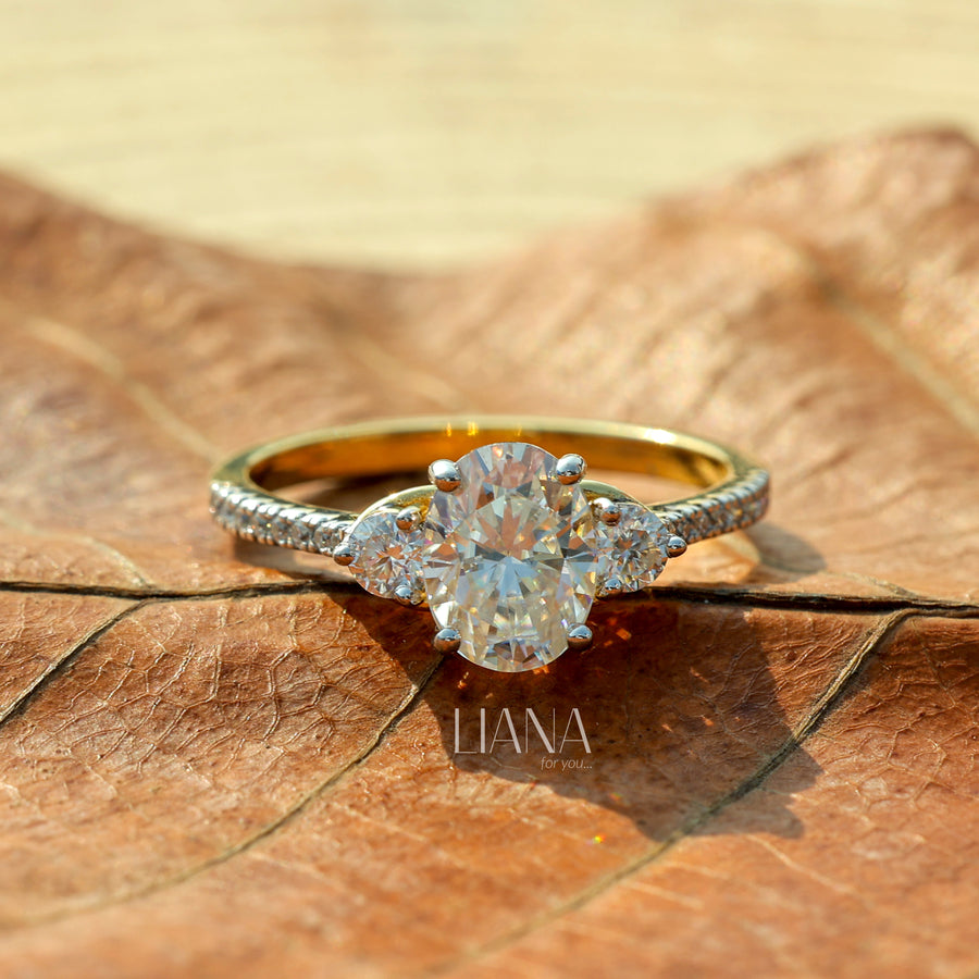 Oval Diamond Engagement Ring Lab Grown Diamond Oval Trilogy Ring Side Round  pavé band Diamond Ring Proposal Ring Anniversary Ring