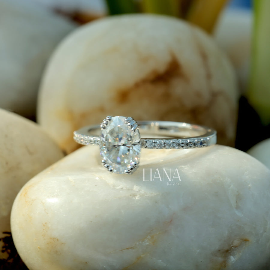 Oval Diamond Engagement Ring Pave Band Lab Grown Diamond Ring Diamond Solitaire Ring for Women Simple Promise Ring Side Stone Wedding Ring