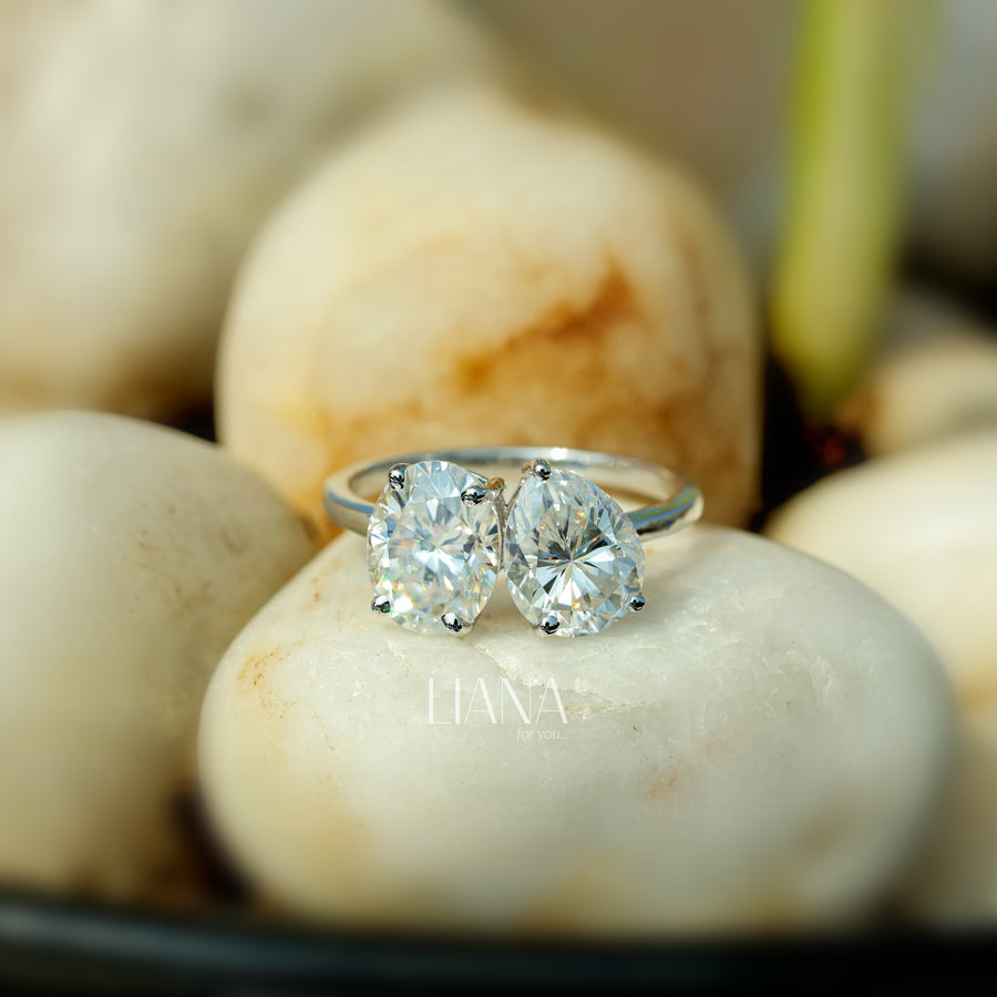 Toi et Moi Lab Grown Diamond Engagement Ring  3.75 CTW Oval & Pear Cut Two Stone Ring  Solid Gold Handmade