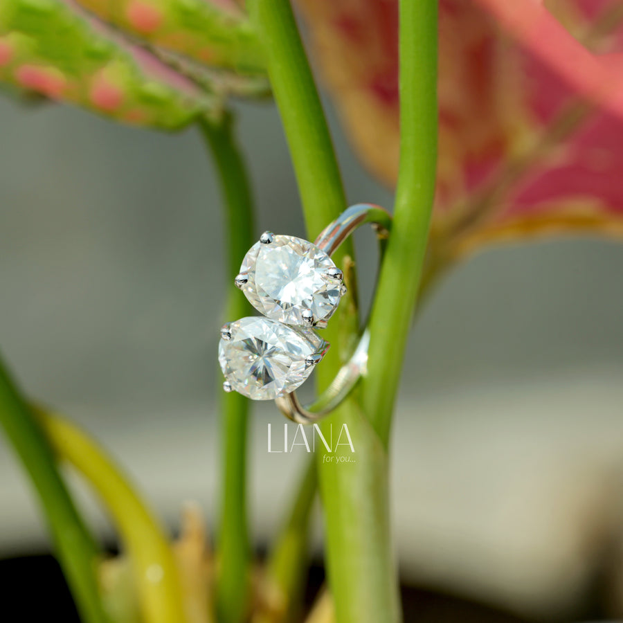 Toi et Moi Lab Grown Diamond Engagement Ring  3.75 CTW Oval & Pear Cut Two Stone Ring  Solid Gold Handmade