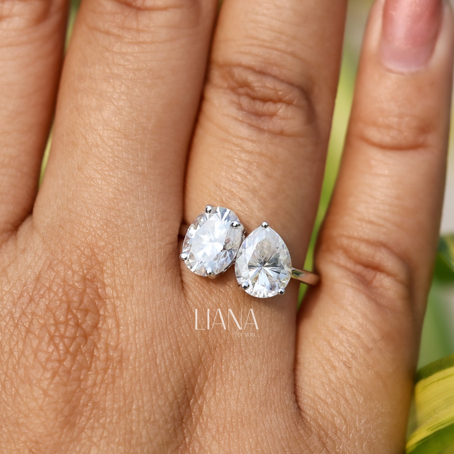 Toi et Moi Lab Grown Diamond Engagement Ring  3.75 CTW Oval & Pear Cut Two Stone Ring  Solid Gold Handmade