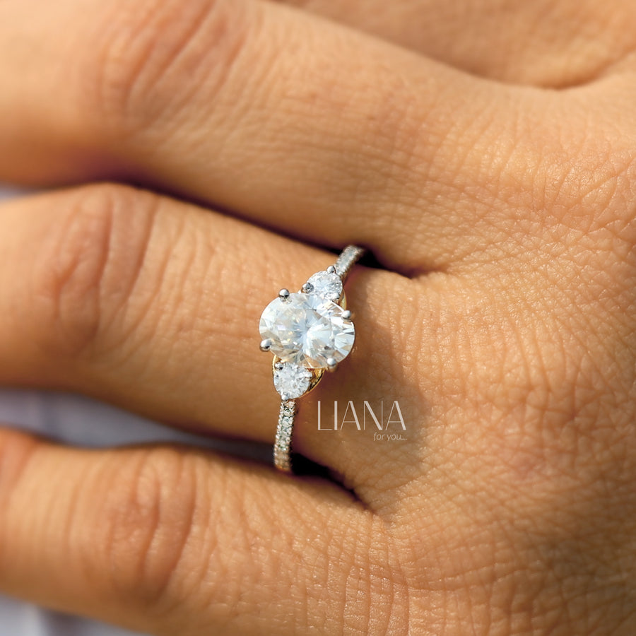 Oval Diamond Engagement Ring Lab Grown Diamond Oval Trilogy Ring Side Round  pavé band Diamond Ring Proposal Ring Anniversary Ring