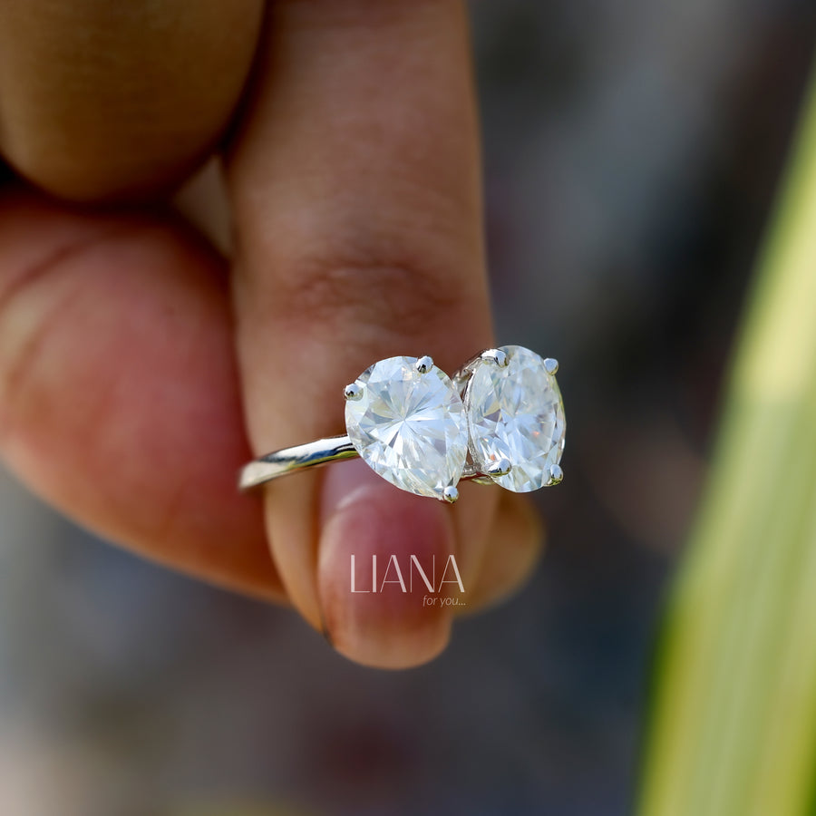 Toi et Moi Lab Grown Diamond Engagement Ring  3.75 CTW Oval & Pear Cut Two Stone Ring  Solid Gold Handmade