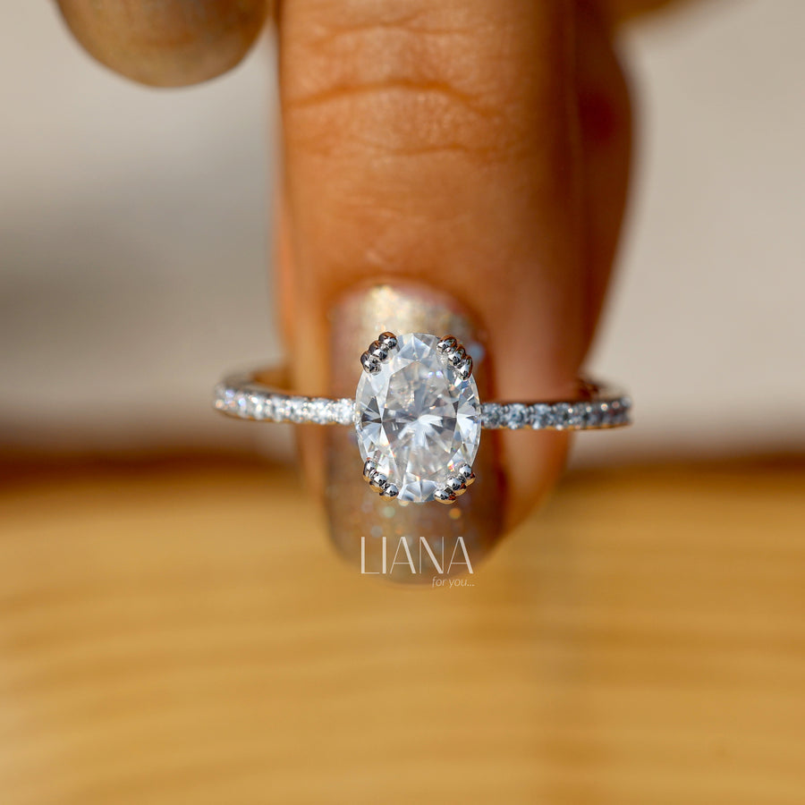 Oval Diamond Engagement Ring Pave Band Lab Grown Diamond Ring Diamond Solitaire Ring for Women Simple Promise Ring Side Stone Wedding Ring