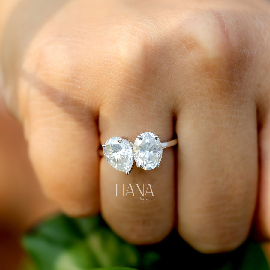Toi et Moi Lab Grown Diamond Engagement Ring  3.75 CTW Oval & Pear Cut Two Stone Ring  Solid Gold Handmade
