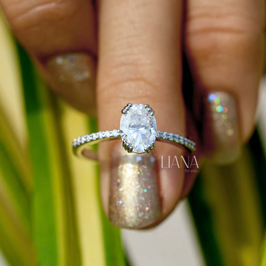 Oval Diamond Engagement Ring Pave Band Lab Grown Diamond Ring Diamond Solitaire Ring for Women Simple Promise Ring Side Stone Wedding Ring