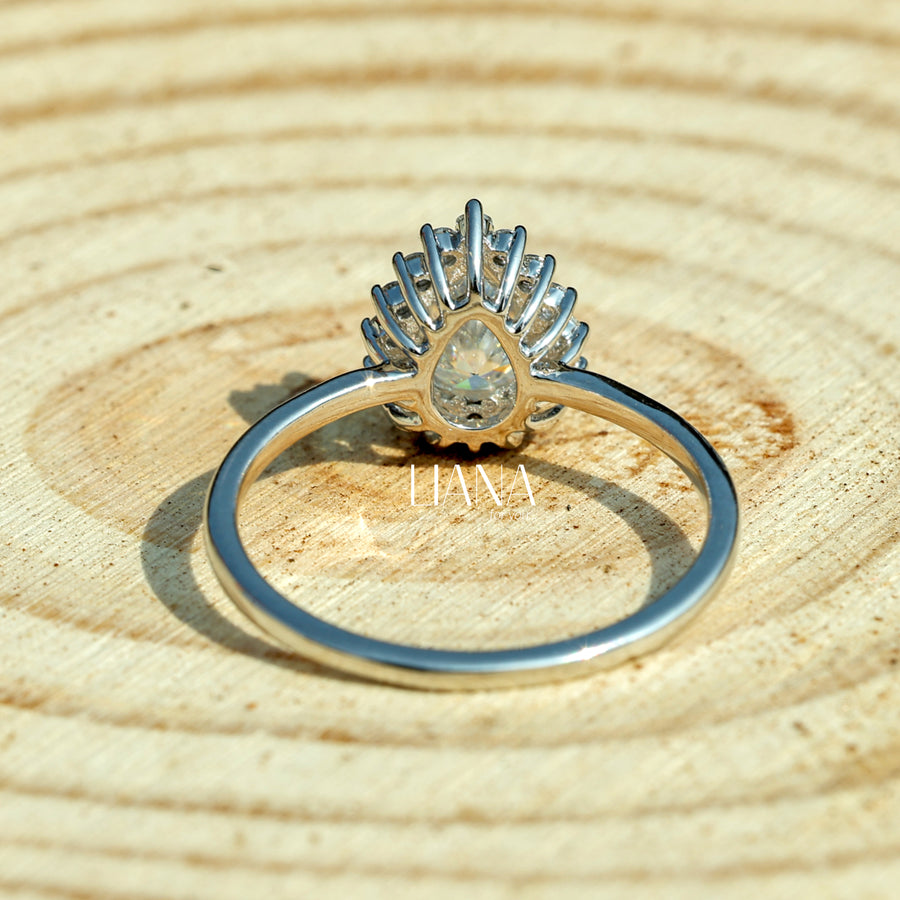Pear Cut Lab Grown Diamond Halo Engagement Ring 0.91 CTW Solid Gold Handmade Ring Proposal Ring Anniversary Ring