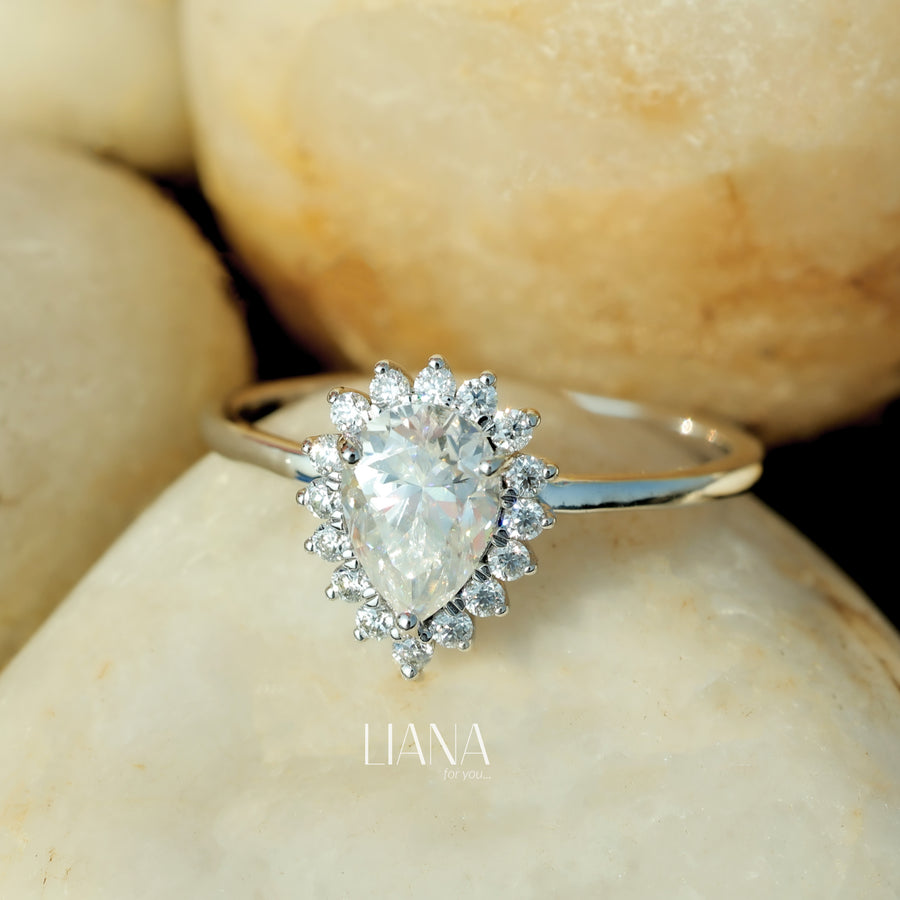 Pear Cut Lab Grown Diamond Halo Engagement Ring 0.91 CTW Solid Gold Handmade Ring Proposal Ring Anniversary Ring