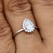 Pear Cut Lab Grown Diamond Halo Engagement Ring 0.91 CTW Solid Gold Handmade Ring Proposal Ring Anniversary Ring