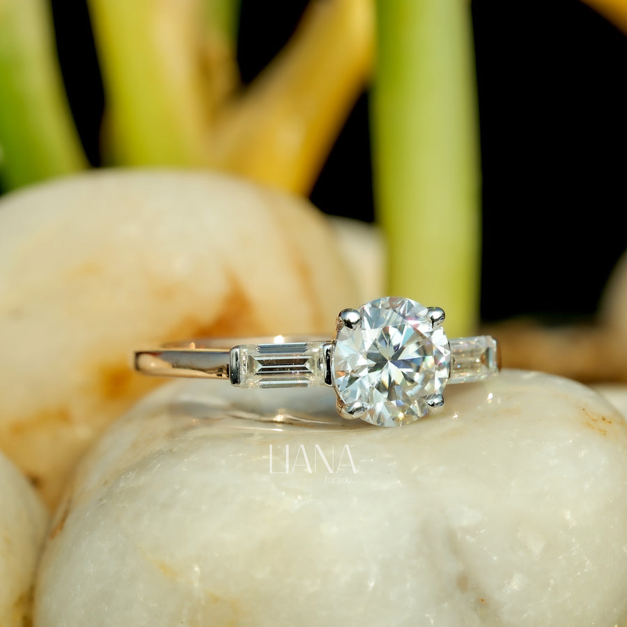 Lab Grown Diamond Three Stone Engagement Ring  Round Cut with Baguette Side Stones  Solid Gold Handmade Ring