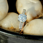 Lab Grown Diamond Three Stone Engagement Ring  Round Cut with Baguette Side Stones  Solid Gold Handmade Ring
