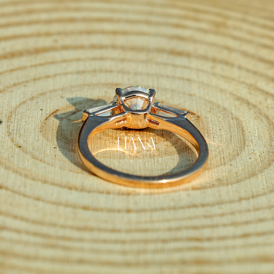 Lab Grown Diamond Three Stone Engagement Ring  Round Cut with Baguette Side Stones  Solid Gold Handmade Ring