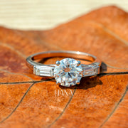 Lab Grown Diamond Three Stone Engagement Ring  Round Cut with Baguette Side Stones  Solid Gold Handmade Ring
